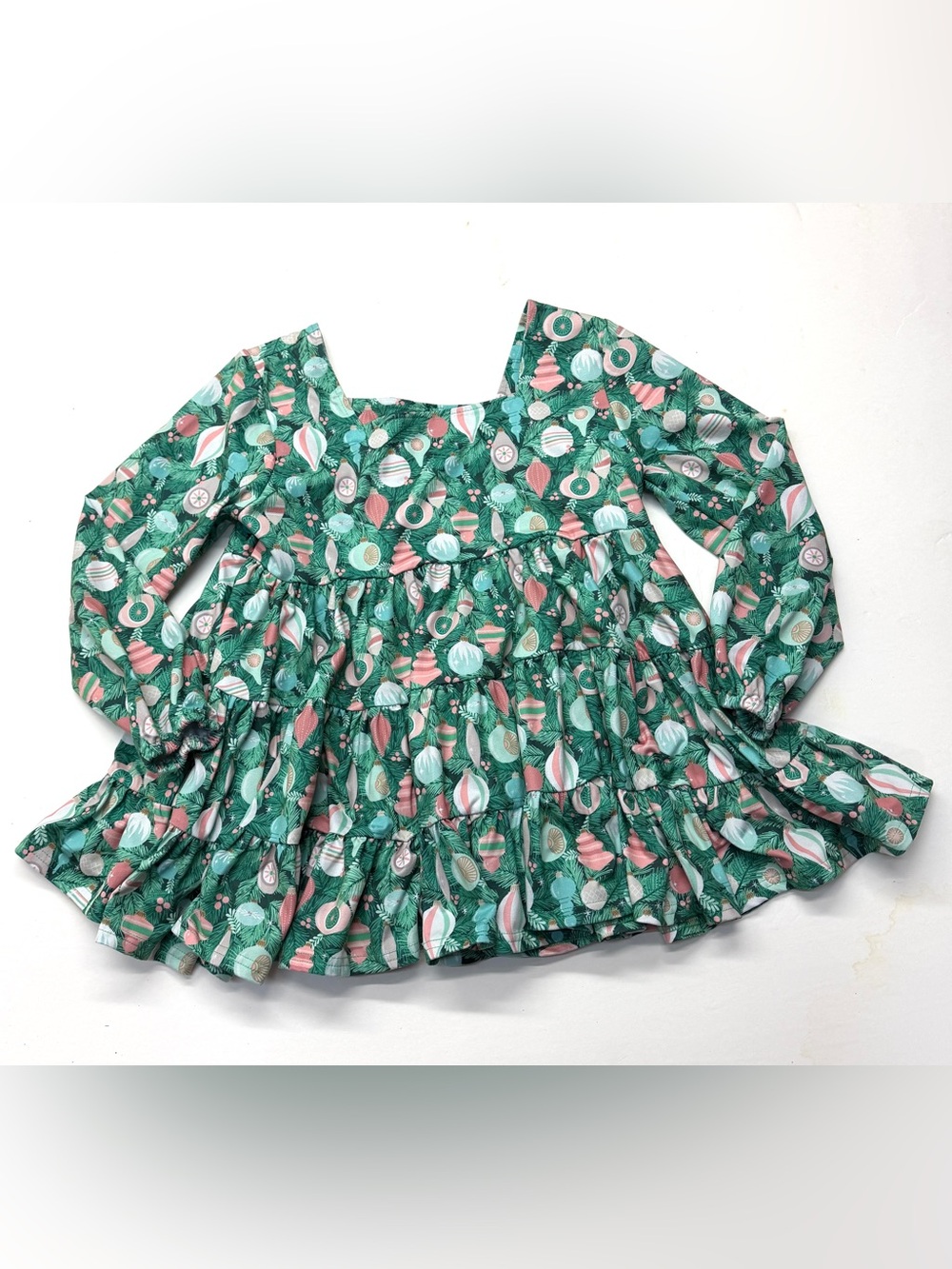 Sweet Caroline Boutique Girls' Green Holiday Ornament Ruffle Tunic Swing Top